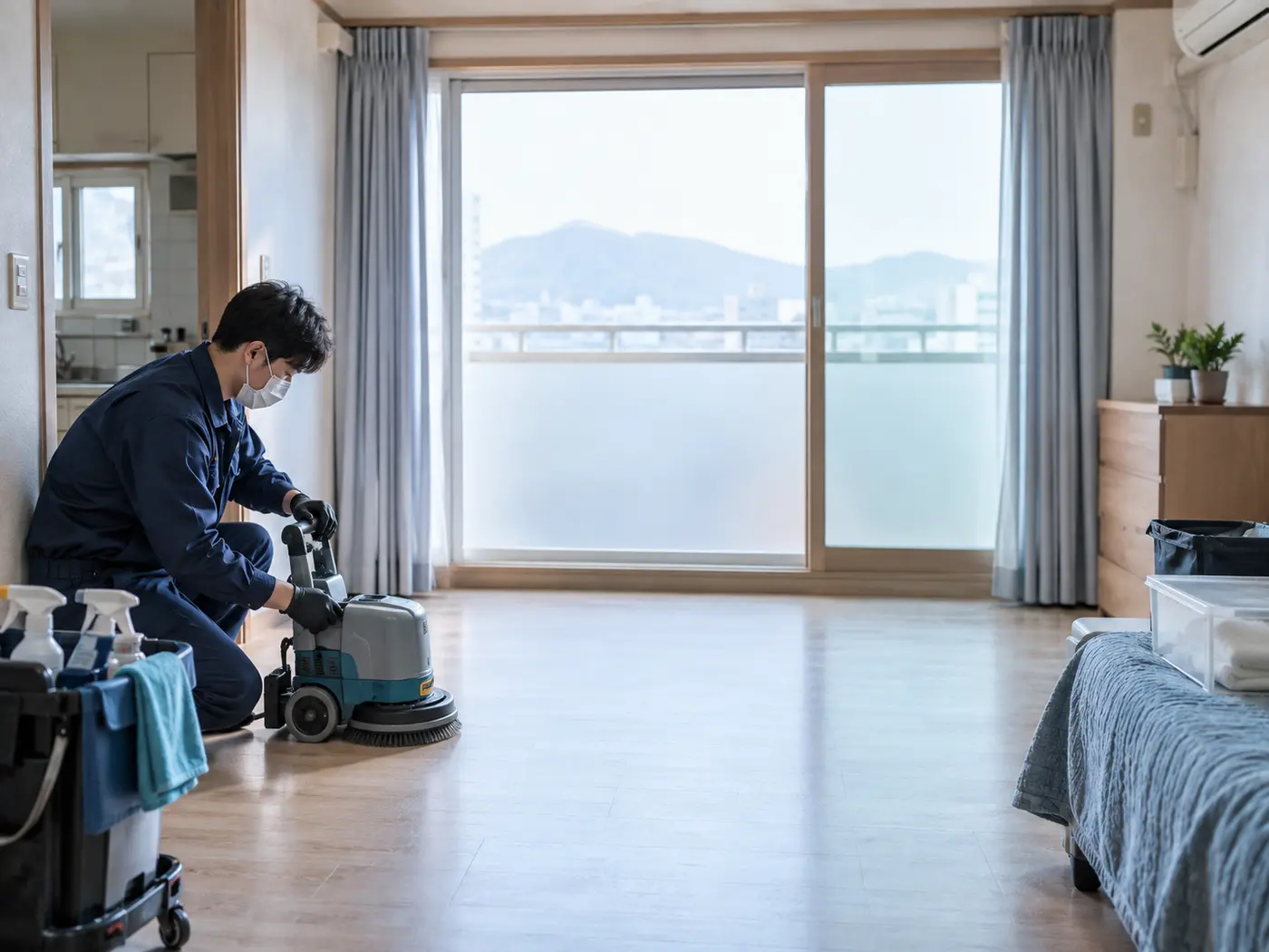 부산 북구 구축 아파트에서 바닥 세척 장비를 준비하는 특수청소 작업자