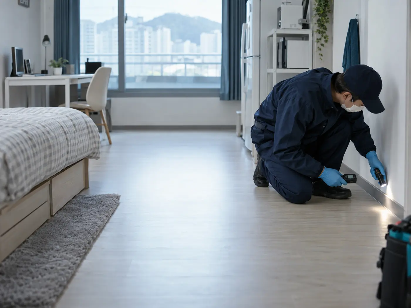 부산 금정구 원룸에서 바닥과 벽 접합부를 점검하는 특수청소 작업자