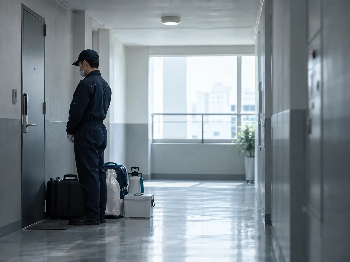 현장 인계 전 아파트 출입문 밖에서 장비와 함께 대기하는 특수청소 작업자