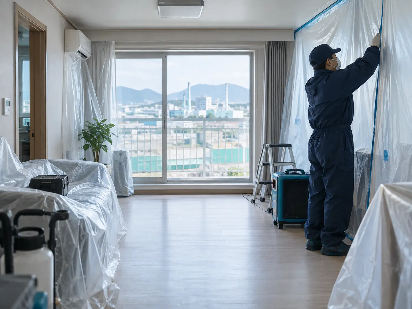 부산 사상구 주거 공간에 오염 확산 방지 보양막을 설치하는 특수청소 작업자