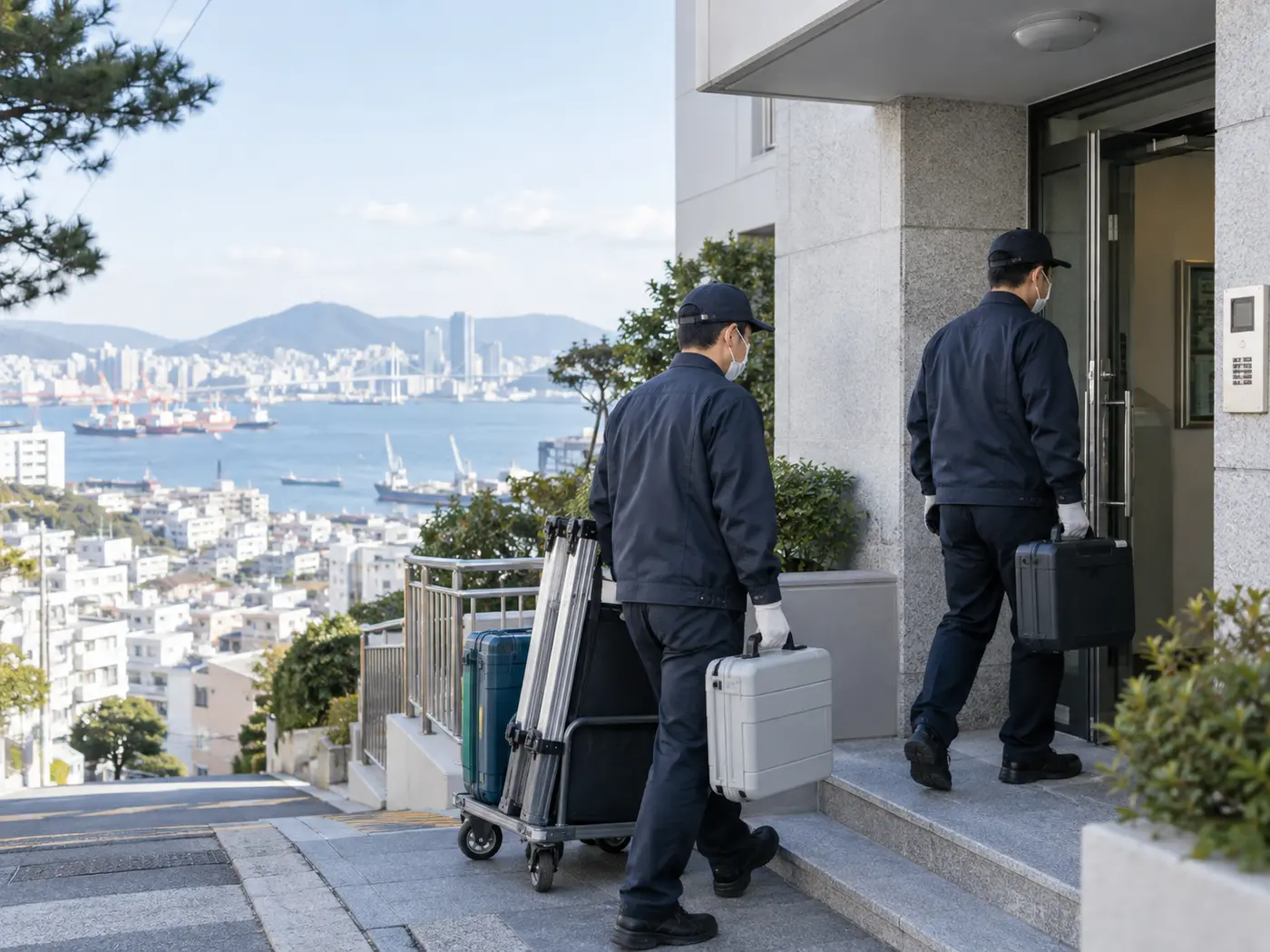 부산 영도구 해안 인접 주택에서 환기와 장비 배치를 확인하는 특수청소 작업자
